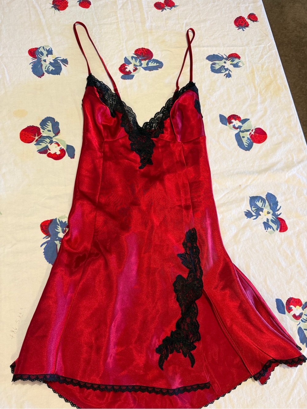 Vintage Frederick's of Hollywood Red Satin Slip with Black Lace